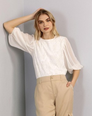 Dámské Halenka Vince Camuto Floral-Burnout Chiffon-Sleeve Bílé | 8205-AESFJ