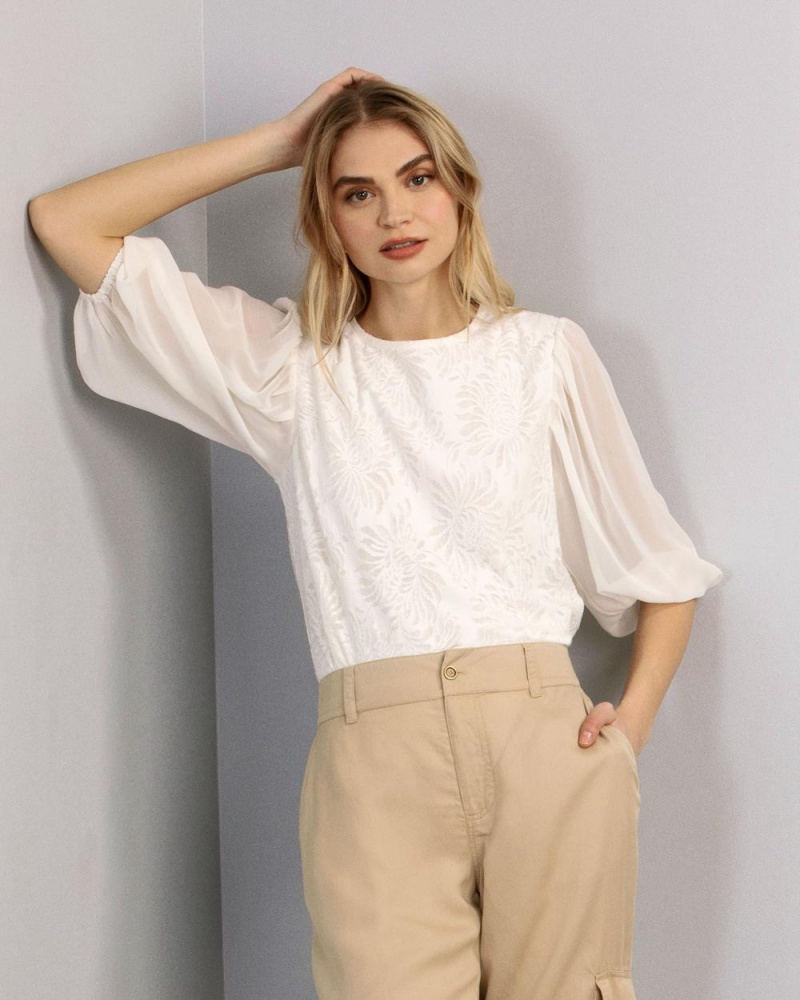 Dámské Halenka Vince Camuto Floral-Burnout Chiffon-Sleeve Bílé | 8205-AESFJ