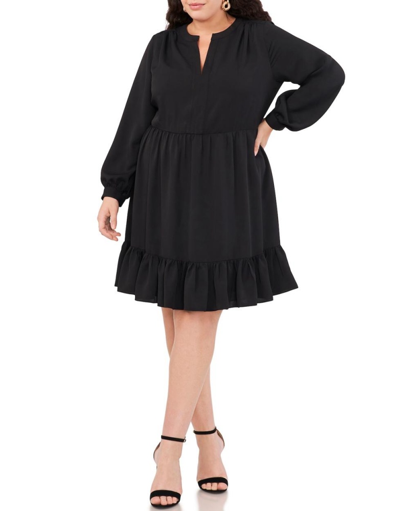 Dámské Maxi Šaty Vince Camuto Ruched Split-Neck (Plus Size) Černé | 8496-NVQAK