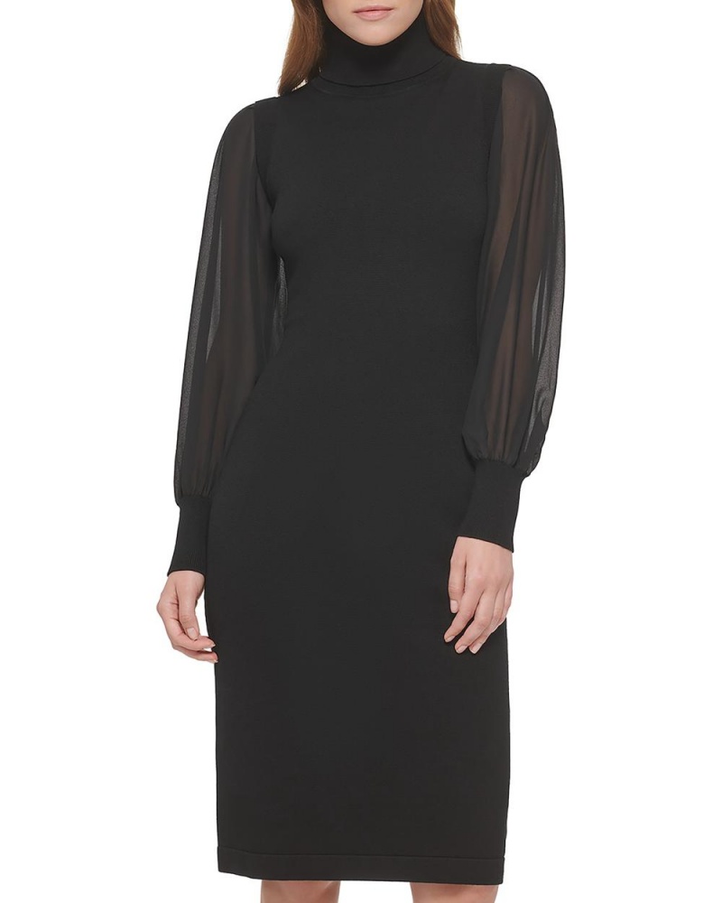 Dámské Mini Šaty Vince Camuto Chiffon-Sleeve Turtleneck Černé | 9168-AIJZR